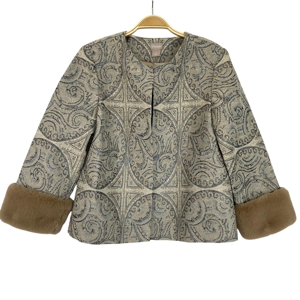Chico's Paisley Brocade Faux Fur Trim Jacket Women Size 1 Small Silver Regal